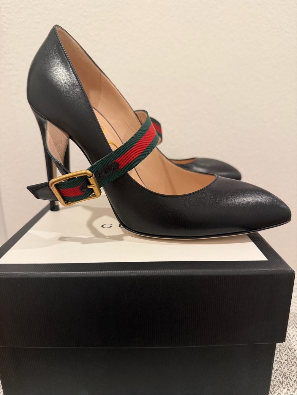 Gucci Sylvie Web Strap Pointed Toe Pump Black & Red Heels
